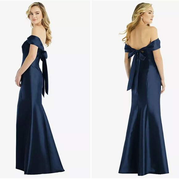 Size 12 - ALFRED SUNG Off-the-Shoulder Bow-Back Satin Trumpet Gown Navy NEW $242 - Picture 2 of 12